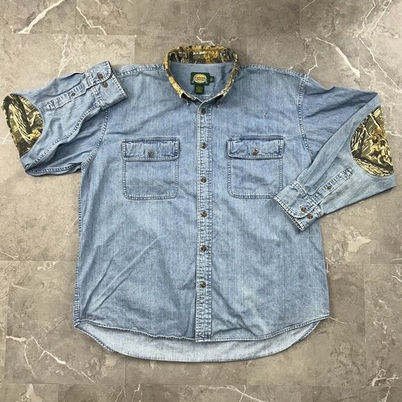 Cabelas Denim Shirt Mens XL Button Down Camouflage Collar Elbow Patch Hunting - Picture 1 of 9